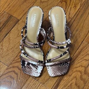Express Women’s Multi-Strap Snake-Print Slide Sandals in Brown and Cream